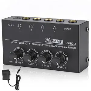 4 Channel Headphone Amplifier, Mini Metal Stereo Audio Amp with 1/4" TRS Input & 4 TRS Outputs, 12V Power Adapter, Portable Headphone Splitter Amplifier for PC, Guitar, Studio, Stage 4 Channel Headphone Amplifier, Mini Metal Stereo Audio Amp with 1/4" TRS Input & 4 TRS Outputs, 12V Power Adapter, Portable Headphone Splitter Amplifier for PC, Guitar, Studio, Stage