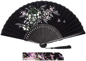 Black Fabric Folding Hand Fan with Tassel and Pouch Elegant Foldable Handheld Fan for Women, Wedding Fans for Guests, Chinese and Japanese Style Asian Gift for Party, Dance & Home Decoration Black Fabric Folding Hand Fan with Tassel and Pouch Elegant Foldable Handheld Fan for Women, Wedding Fans for Guests, Chinese and Japanese Style Asian Gift for Party, Dance & Home Decoration