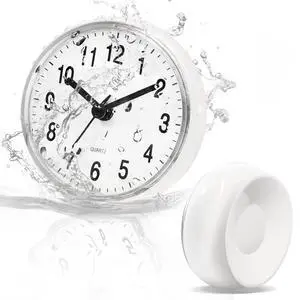Waterproof Bathroom Shower Clock with Large Suction Cup - Silent, Water Proof, Battery Operated Wall Clock for Toilet, Kitchen, Bedroom (White) Waterproof Bathroom Shower Clock with Large Suction Cup - Silent, Water Proof, Battery Operated Wall Clock for Toilet, Kitchen, Bedroom (White)