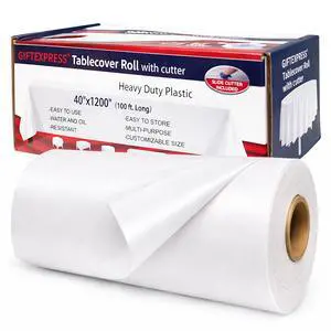 100 Ft Plastic Table Cover Roll (White) with Slide Cutter, Disposable Tablecloth Roll, Water & Oil Resistant for Banquet Tables, Parties, Picnic, Crafts 100 Ft Plastic Table Cover Roll (White) with Slide Cutter, Disposable Tablecloth Roll, Water & Oil Resistant for Banquet Tables, Parties, Picnic, Crafts