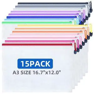 15 Pack Large Mesh Zipper Pouch Bags, 15 Colors A3 Size (16.7x12 in) 15 Pack Large Mesh Zipper Pouch Bags, 15 Colors A3 Size (16.7x12 in)