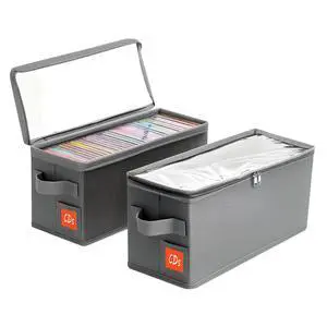Stackable CD Holder & Storage Case - CD Storage Box Organizer with Lid & Handle - Dustproof CD Container with Clear PVC Top - 2Pack (Gray) Stackable CD Holder & Storage Case - CD Storage Box Organizer with Lid & Handle - Dustproof CD Container with Clear PVC Top - 2Pack (Gray)