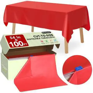 54 in X 100 FT Red Plastic Table Cover Roll with Slide Cutter, Cuts Up to 12 Rectangle 8 Feet Disposable Plastic Table ClothsDisposable Table Cover Roll for Dinning, Parties, BBQ, Wedding, Outdoor 54 in X 100 FT Red Plastic Table Cover Roll with Slide Cutter, Cuts Up to 12 Rectangle 8 Feet Disposable Plastic Table ClothsDisposable Table Cover Roll for Dinning, Parties, BBQ, Wedding, Outdoor
