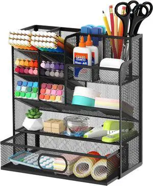 Mesh Pen Organizer for Desk, 13 Compartments with Drawer, Black Mesh Pen Organizer for Desk, 13 Compartments with Drawer, Black