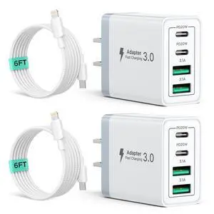 2 Pack USB C Wall Charger, 40W 4-Port USB C Fast Charger Block Dual Port QC+PD 3.0 Power Adapter, Multiport Type C Brick Charger with Lightning Cable for iPhone 14 13 12 11 Pro Max XS XR X 8 7 6 Plus 2 Pack USB C Wall Charger, 40W 4-Port USB C Fast Charger Block Dual Port QC+PD 3.0 Power Adapter, Multiport Type C Brick Charger with Lightning Cable for iPhone 14 13 12 11 Pro Max XS XR X 8 7 6 Plus
