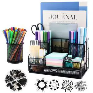 Desk Organizers Caddy and Accessories with 7 Compartments + Pen Holder / 72 Clips Set, Drawer, Black Mesh Office Supplies Desktop Organizer for Home, Office Ect Desk Organizers Caddy and Accessories with 7 Compartments + Pen Holder / 72 Clips Set, Drawer, Black Mesh Office Supplies Desktop Organizer for Home, Office Ect