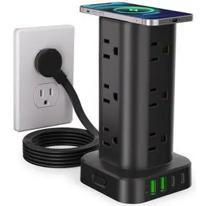 Power Strip with Wireless Charger, Flat Plug Surge Protector with 6FT Extension Cord, 12 AC Multiple Outlets, 4 USB (2 USB C), 15W Wireless Charging Power Tower for Home Office Dorm, Black Power Strip with Wireless Charger, Flat Plug Surge Protector with 6FT Extension Cord, 12 AC Multiple Outlets, 4 USB (2 USB C), 15W Wireless Charging Power Tower for Home Office Dorm, Black