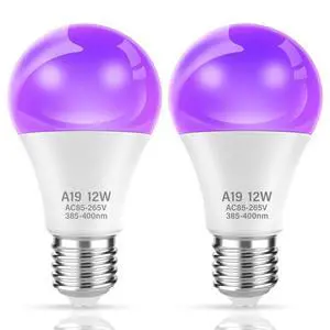 LED UV Black Light Bulb for Halloween Decoration,12W A19 UV Blacklight,100W Equivalent,UVA Level 385-400nm Wavelength,Glow in the Dark for Body Art Paint,Fluorescent Poster,Neon Glow Party,2 Pack LED UV Black Light Bulb for Halloween Decoration,12W A19 UV Blacklight,100W Equivalent,UVA Level 385-400nm Wavelength,Glow in the Dark for Body Art Paint,Fluorescent Poster,Neon Glow Party,2 Pack