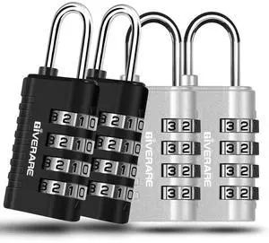4 Pack Combination Lock, 4-Digit Padlock Keyless, Resettable Metal Luggage Locks, Weatherproof Alloy Travel Lock for Backpack, Gym, School, Locker, Fence, Gate, Hasp, Case, Black Silver-by GIVERARE 4 Pack Combination Lock, 4-Digit Padlock Keyless, Resettable Metal Luggage Locks, Weatherproof Alloy Travel Lock for Backpack, Gym, School, Locker, Fence, Gate, Hasp, Case, Black Silver-by GIVERARE