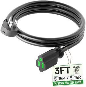 3FT 14/3 Black Flat Plug Extension Cord, Low Profile Indoor 3FT 14/3 Black Flat Plug Extension Cord, Low Profile Indoor