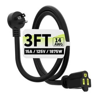 3 FT 14 Gauge Low Profile Flat Plug Extension Cord Black 3 FT 14 Gauge Low Profile Flat Plug Extension Cord Black