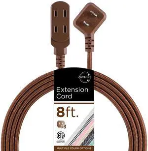 Designer 3-Outlet Extension Cord, 2 Prong Power Strip, Extra Long 8 Ft Cable with Flat Plug, Braided Chevron Fabric Cord, Slide-To-Lock Safety Outlets, Solid Brown, 39982 Designer 3-Outlet Extension Cord, 2 Prong Power Strip, Extra Long 8 Ft Cable with Flat Plug, Braided Chevron Fabric Cord, Slide-To-Lock Safety Outlets, Solid Brown, 39982