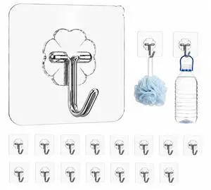 Adhesive Wall Hooks, Clear, Plastic, Heavy Duty, 16 Pack Adhesive Wall Hooks, Clear, Plastic, Heavy Duty, 16 Pack