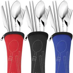 3 Pack Reusable Flatware Sets Knife, Fork, Spoon, Chopsticks, 12Pcs Portable Travel Stainless Steel Tableware Dinnerware with Carrying Case 3 Pack Reusable Flatware Sets Knife, Fork, Spoon, Chopsticks, 12Pcs Portable Travel Stainless Steel Tableware Dinnerware with Carrying Case