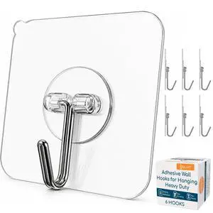 Adhesive Wall Hooks for Hanging, Heavy Duty No Drill, 22 lbs, 6 Pack Adhesive Wall Hooks for Hanging, Heavy Duty No Drill, 22 lbs, 6 Pack