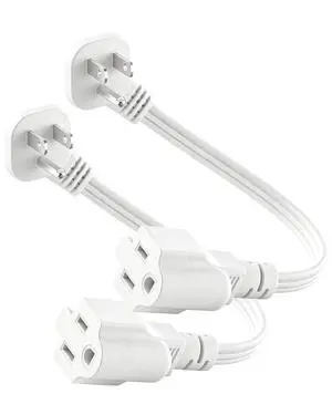 Flat Plug Extension Cord 1Ft White 3 Prong Short Cable 1625W 2-Pack Flat Plug Extension Cord 1Ft White 3 Prong Short Cable 1625W 2-Pack