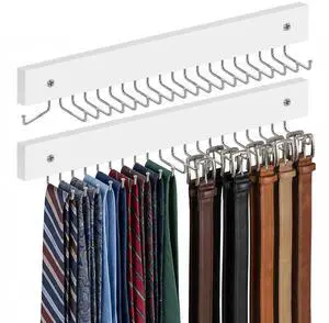 2 Pcs Tie Rack Wall Mounted, Wooden Tie Belt Organizer with 40 Hooks Non Slip 180 Degree Space Saving Hangers with Screws for Ties, Keys, Scarves, Tops, Belt, Bags (White) 2 Pcs Tie Rack Wall Mounted, Wooden Tie Belt Organizer with 40 Hooks Non Slip 180 Degree Space Saving Hangers with Screws for Ties, Keys, Scarves, Tops, Belt, Bags (White)
