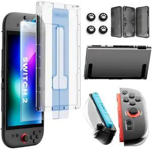Screen Protector Accessories for Nintendo, 10-In-1 Bundle: Tempered Glass, Dockable Case Clear Hard Shell, Two Protective Cover for Joycon Controller Thumb Grip, 2025 Switch2 Console Game Kit Screen Protector Accessories for Nintendo, 10-In-1 Bundle: Tempered Glass, Dockable Case Clear Hard Shell, Two Protective Cover for Joycon Controller Thumb Grip, 2025 Switch2 Console Game Kit