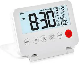 Small Digital Travel Alarm Clock, Large LCD Display Front Button with Date & Temperature, Snooze and 8 Seconds Backlight AAA Battery Operated Desk Clock for Home & Office, White Small Digital Travel Alarm Clock, Large LCD Display Front Button with Date & Temperature, Snooze and 8 Seconds Backlight AAA Battery Operated Desk Clock for Home & Office, White