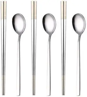 Korean Chopstick and Spoon Set, Long Handle Stainless Steel Soup Spoon and Chopsticks, Dishwasher Safe, Set of 3. (Silver) Korean Chopstick and Spoon Set, Long Handle Stainless Steel Soup Spoon and Chopsticks, Dishwasher Safe, Set of 3. (Silver)