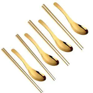 Metal Soup Spoons and Chopsticks Set for 4 People, Reusable Stainless Steel Ramen Short Handle Spoon Set Asian, Christmas Gift Dishwasher Safe (Gold) Metal Soup Spoons and Chopsticks Set for 4 People, Reusable Stainless Steel Ramen Short Handle Spoon Set Asian, Christmas Gift Dishwasher Safe (Gold)