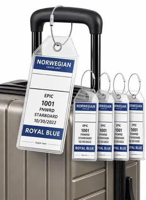 Line Luggage Tag Holders (4 Pack) - fits NCL Print at Home Tags 2026-2027 sailings. Clear Waterproof PVC with Steel Loop Fasteners. Cruise Essentials Line Luggage Tag Holders (4 Pack) - fits NCL Print at Home Tags 2026-2027 sailings. Clear Waterproof PVC with Steel Loop Fasteners. Cruise Essentials