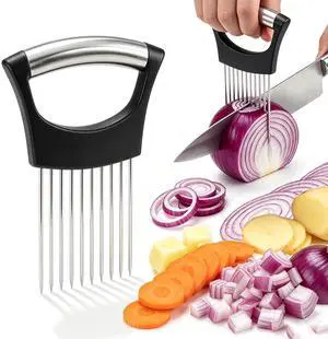 Stainless Steel Onion Holder for Slicing, Vegetable Chopper Assistant with Protective Cover, Food Holder Choppers for Tomatoes Potatoes Meat Lemon, Kitchen Gadget (Black) Stainless Steel Onion Holder for Slicing, Vegetable Chopper Assistant with Protective Cover, Food Holder Choppers for Tomatoes Potatoes Meat Lemon, Kitchen Gadget (Black)