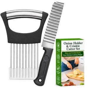 Onion Holder for Slicing & Crinkle Cutter Knife, 2 Piece Kitchen Prep Tool Set, Stainless Steel Onion Slicer Prongs, Wavy Knife, Potato Cutter for Fries, Tomato, Cucumber, Carrot Onion Holder for Slicing & Crinkle Cutter Knife, 2 Piece Kitchen Prep Tool Set, Stainless Steel Onion Slicer Prongs, Wavy Knife, Potato Cutter for Fries, Tomato, Cucumber, Carrot