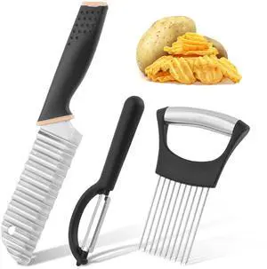 Crinkle Cutter with Onion Holder for Slicing and P-type Peeler, Stainless Steel Wavy Slicer with Handle, Crinkle Cutter for Veggies, Potatoes(Set of 3) Crinkle Cutter with Onion Holder for Slicing and P-type Peeler, Stainless Steel Wavy Slicer with Handle, Crinkle Cutter for Veggies, Potatoes(Set of 3)
