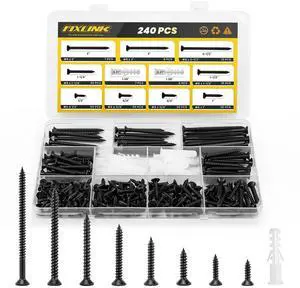 Screws Assortment Kit, FIXLINK 240 PCS High Hardness Flat Head Wood Screws Set, Phillips Drive Assorted Screws, Contain 15PC Anchors and 8 Size (2-1/2,2,1-1/2,1-1/4,1,3/4,5/8,1/2), Black Screws Assortment Kit, FIXLINK 240 PCS High Hardness Flat Head Wood Screws Set, Phillips Drive Assorted Screws, Contain 15PC Anchors and 8 Size (2-1/2,2,1-1/2,1-1/4,1,3/4,5/8,1/2), Black