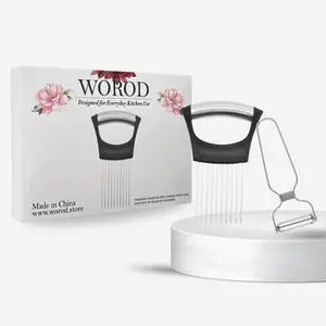 Onion Holder for Slicing, Stainless Steel Onion Cutting Guide with Finger Protector Vegetable Prep Tool with Bonus Peeler for Safe, Even Slices Onion Holder for Slicing, Stainless Steel Onion Cutting Guide with Finger Protector Vegetable Prep Tool with Bonus Peeler for Safe, Even Slices