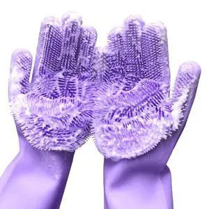 Reusable Silicone Dishwashing Gloves, Rubber Scrubbing Gloves for Dishes,Wash Cleaning Brush with Sponge Scrubbers for Housework, Kitchen, Car, Window cleaning. 1Pair (13.6" Large) (purple) Reusable Silicone Dishwashing Gloves, Rubber Scrubbing Gloves for Dishes,Wash Cleaning Brush with Sponge Scrubbers for Housework, Kitchen, Car, Window cleaning. 1Pair (13.6" Large) (purple)