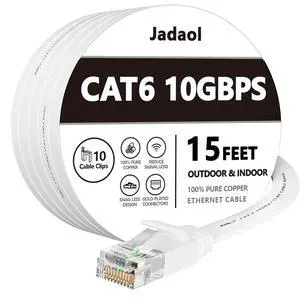Cat6 Ethernet Cable 15FT with Clips 10Gbps Flat Network Cable, White Cat6 Ethernet Cable 15FT with Clips 10Gbps Flat Network Cable, White