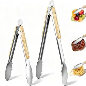 9+12 inch Stainless Steel Kitchen Tongs for cooking with Wood Handle, Set of 2 9+12 inch Stainless Steel Kitchen Tongs for cooking with Wood Handle, Set of 2