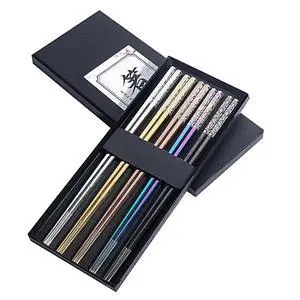 Chopsticks Reusable Titanium Plated Stainless Steel Japanese Korean for Food & Cooking 9.5Inch Non-Slip for Beginners Square Laser 5 Pairs Gift Set Chopsticks Reusable Titanium Plated Stainless Steel Japanese Korean for Food & Cooking 9.5Inch Non-Slip for Beginners Square Laser 5 Pairs Gift Set