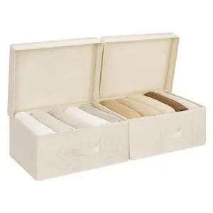 Storage Bins with Lid, Decorative Fabric Storage Bins with Handles, Stackable Closet Organizers for Shelves and Bedroom, Small, Beige(Natural Fabric), 2-Pack Storage Bins with Lid, Decorative Fabric Storage Bins with Handles, Stackable Closet Organizers for Shelves and Bedroom, Small, Beige(Natural Fabric), 2-Pack