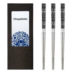 3-Pack Reusable Stainless Steel Chopsticks, Japanese Korean Style Set for Eating & Cooking, Dishwasher Safe, Titanium-Plated Anti-Slip Tips, Black Silver Gift Set 3-Pack Reusable Stainless Steel Chopsticks, Japanese Korean Style Set for Eating & Cooking, Dishwasher Safe, Titanium-Plated Anti-Slip Tips, Black Silver Gift Set