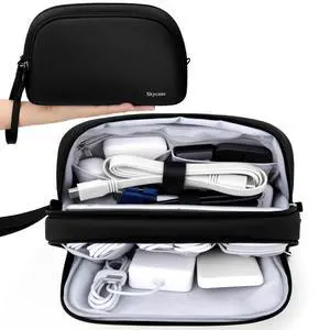 Travel Cable Organizer - Lightweight Water Resistant Dual-Layer Tech Pouch with Wrist Strap 9 Compartments Electronic Organizer Travel Case for Charger Cord Hard Drive,Large,Black Travel Cable Organizer - Lightweight Water Resistant Dual-Layer Tech Pouch with Wrist Strap 9 Compartments Electronic Organizer Travel Case for Charger Cord Hard Drive,Large,Black