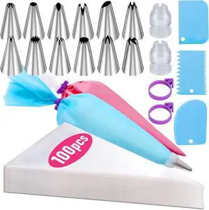 Piping Bags and Tips Set, 100Pcs 12 Inch Pastry Bags, Icing Bags Disposable | Cakes Decorating Kit Supplies with 1 Reusable Piping Bags 1 Couplers 12 Frosting Tips 2 Bag Ties 3 Cake Scraper Piping Bags and Tips Set, 100Pcs 12 Inch Pastry Bags, Icing Bags Disposable | Cakes Decorating Kit Supplies with 1 Reusable Piping Bags 1 Couplers 12 Frosting Tips 2 Bag Ties 3 Cake Scraper