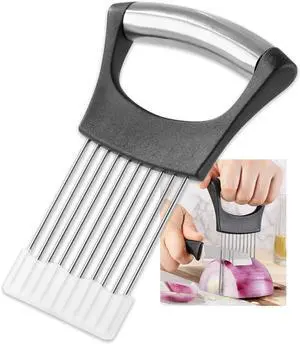 Onion Slicer, Mumulo Stainless Steel Onion Cutter for Slicing and Storage Onions, Tomato, Eggs and Vegetables, Protective Cover Included, Dishwasher Safe (Black) Onion Slicer, Mumulo Stainless Steel Onion Cutter for Slicing and Storage Onions, Tomato, Eggs and Vegetables, Protective Cover Included, Dishwasher Safe (Black)