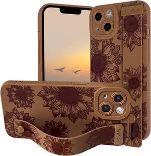Compatible with iPhone 14 Case with Strap Flower - Brown | Cute Sunflower Floral with wrist adjustable kickstand For girl woman Slim fit Soft TPU Shockproof Compatible with iPhone 14 Case with Strap Flower - Brown | Cute Sunflower Floral with wrist adjustable kickstand For girl woman Slim fit Soft TPU Shockproof