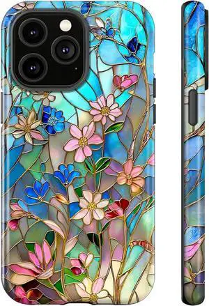 Case for iPhone 14 for iPhone 13 Stained Glass Bloom Flower Phone Case Drop Resistant Glossy 2 in 1 Solid Dual-Layer Cover for Girl Women Case for iPhone 14 for iPhone 13 Stained Glass Bloom Flower Phone Case Drop Resistant Glossy 2 in 1 Solid Dual-Layer Cover for Girl Women