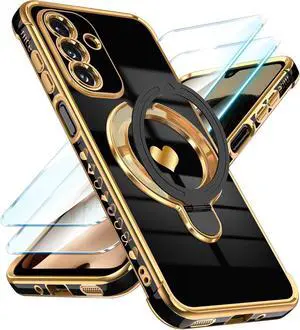 Cute Plated Gold Phone Case for Galaxy A17/A26 5G - Black | Screen Protector+Ring Metal Kickstand Love Heart Pattern Soft TPU Full Camera Shockproof Protection Cover for Galaxy A17/A26 Cute Plated Gold Phone Case for Galaxy A17/A26 5G - Black | Screen Protector+Ring Metal Kickstand Love Heart Pattern Soft TPU Full Camera Shockproof Protection Cover for Galaxy A17/A26