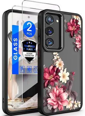 for Galaxy S23 5G Case Floral Military Grade Drop Tested Hard Back & Soft Edge Slim Flower Women Girls Phone Protective Cover + Tempered Glass Screen Protector for Galaxy S23 (Black) for Galaxy S23 5G Case Floral Military Grade Drop Tested Hard Back & Soft Edge Slim Flower Women Girls Phone Protective Cover + Tempered Glass Screen Protector for Galaxy S23 (Black)