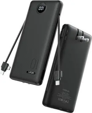 10000mAh 22.5W Portable Charger AC Plug & Built-in Cables Black | Slim battery pack PD 20W fast charging for business travel compatible with iPhone & 10000mAh 22.5W Portable Charger AC Plug & Built-in Cables Black | Slim battery pack PD 20W fast charging for business travel compatible with iPhone &
