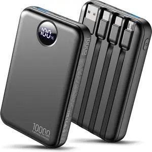 Portable Charger 10000mAh with 4 Built-in Cables 40% Smaller | Power Bank Fast Charging Battery Pack LED Display Compact with Travel Charger for iPhone Other Devices-Black Portable Charger 10000mAh with 4 Built-in Cables 40% Smaller | Power Bank Fast Charging Battery Pack LED Display Compact with Travel Charger for iPhone Other Devices-Black