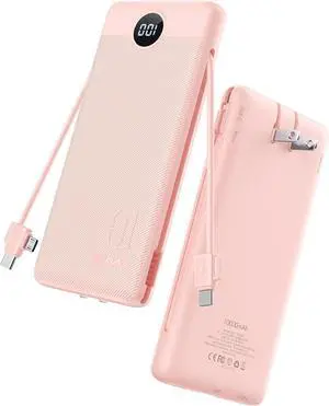 22.5W Portable Charger 10000mAh Fast Charging with Built-in AC Plug | powe bank battery pack travel essentials for women USB C cable Ultra Slim pocket size Pink 22.5W Portable Charger 10000mAh Fast Charging with Built-in AC Plug | powe bank battery pack travel essentials for women USB C cable Ultra Slim pocket size Pink