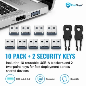 USB A Port Blockers 10 Pack, Two Point Zinc Alloy Locks, 2 Keys, Blue USB A Port Blockers 10 Pack, Two Point Zinc Alloy Locks, 2 Keys, Blue