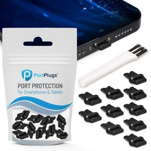 PortPlugs Lightning Dust Plugs, 10 Pieces with Easy-Grip Tabs and Cleaning Brush, Compatible with iPhone Lightning Devices - Black PortPlugs Lightning Dust Plugs, 10 Pieces with Easy-Grip Tabs and Cleaning Brush, Compatible with iPhone Lightning Devices - Black