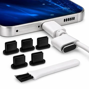 PortPlugs USB-C Aluminum Dust Plugs 5 Pack with Cleaning Brush and Cord Clips - Black PortPlugs USB-C Aluminum Dust Plugs 5 Pack with Cleaning Brush and Cord Clips - Black